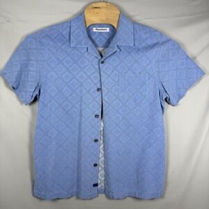 Tommy Bahama Shirt Mens Medium Blue 100% Silk Short Sleeve Button Up Geometric